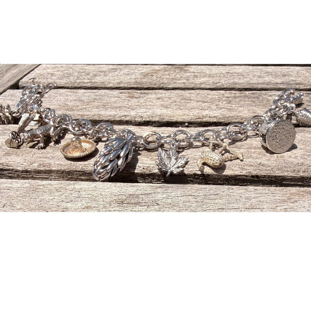 Vtg 925 Sterling Silver Charm Bracelet Frog Cactus Sewing Shell Sombrero Chunky - Picture 3 of 16